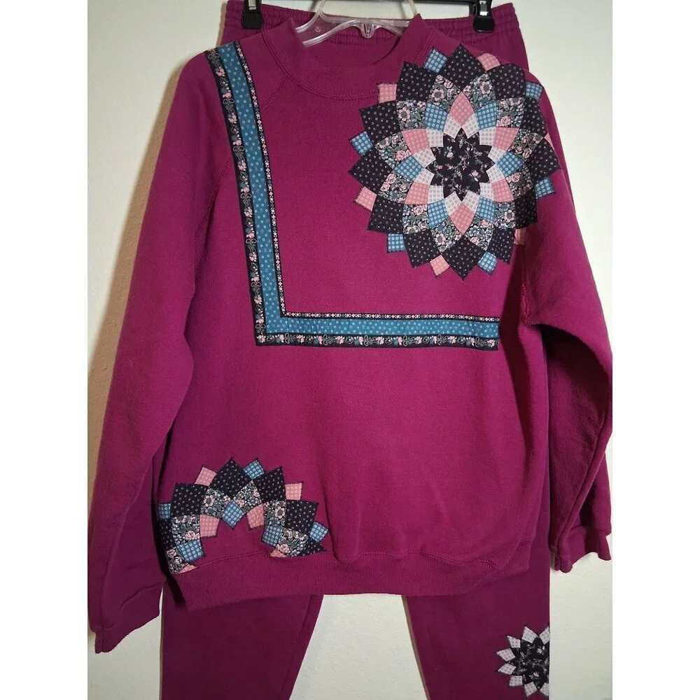 Tultex Magenta Sweatshirt and Joggers Set with Patchwork Flower Accents
